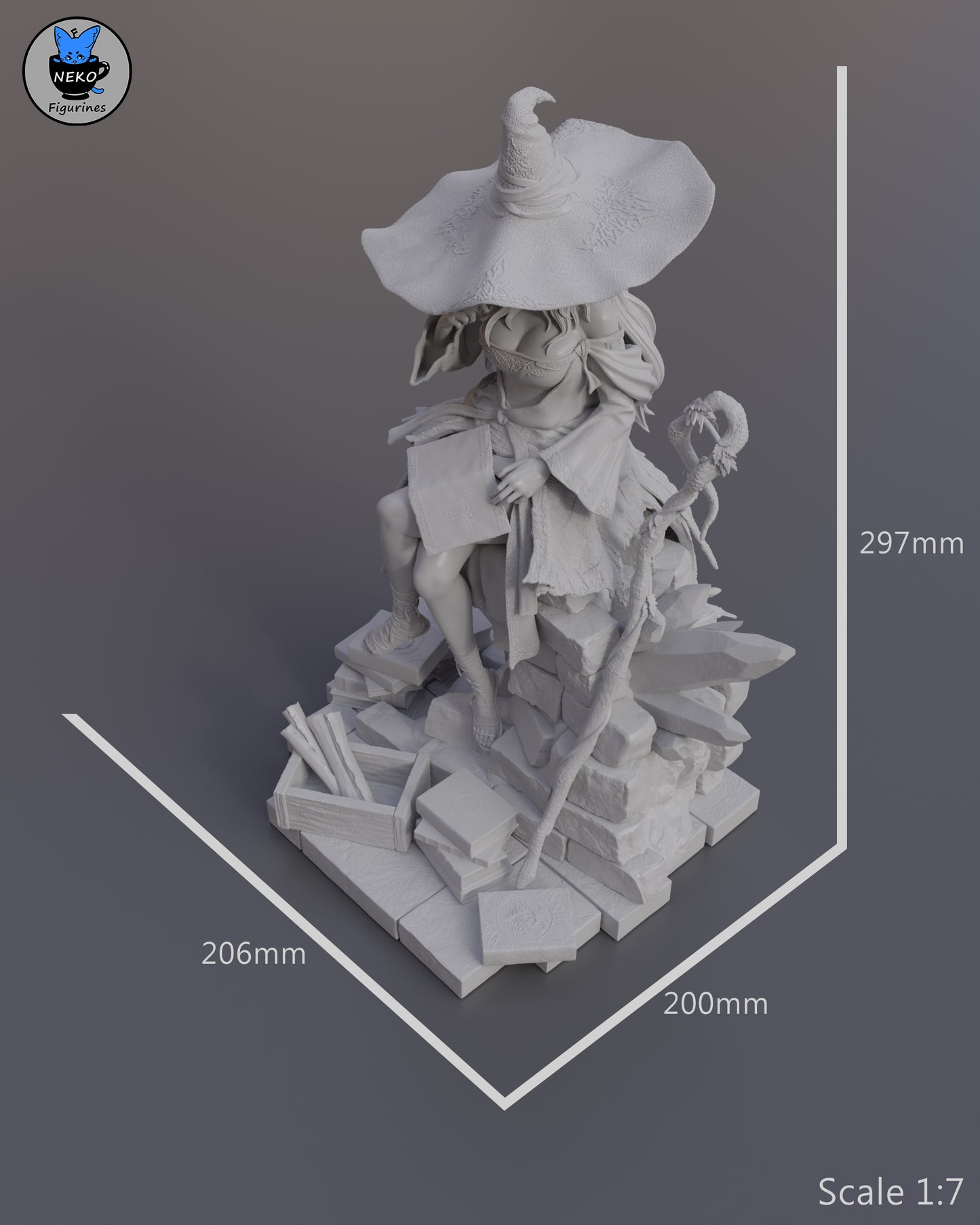 Recluse Elden Ring figurine unpainted with measurement overlay showing 297mm height and 206mm base width.