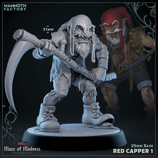 Red Capper 1 miniature wielding a massive scythe, hunched forward in a stalking pose with a stitched hood and fanged expression.