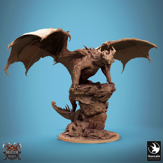 A Chromatic Red Dragon perched on a rocky base, wings unfurled, ready to strike.