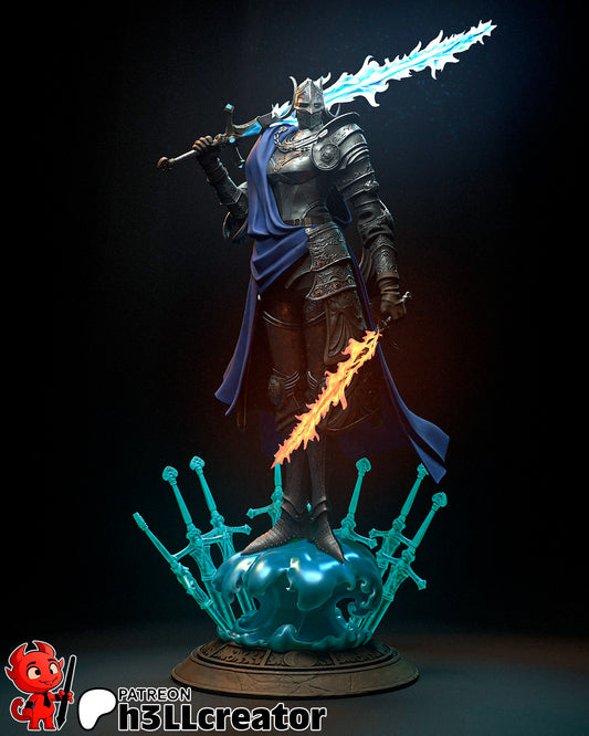 Rellana full figure collectible with blue cape, ornate armor, and twin elemental swords, standing atop spectral sword base.