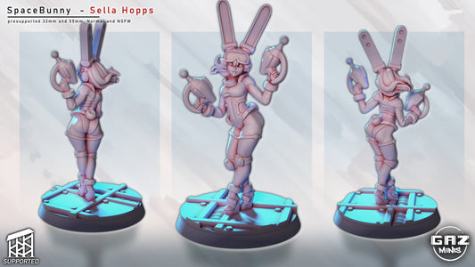 Retro Space Bunny Sella Hopps figurine front and rear views with bunny ears, bodysuit, and sci-fi base