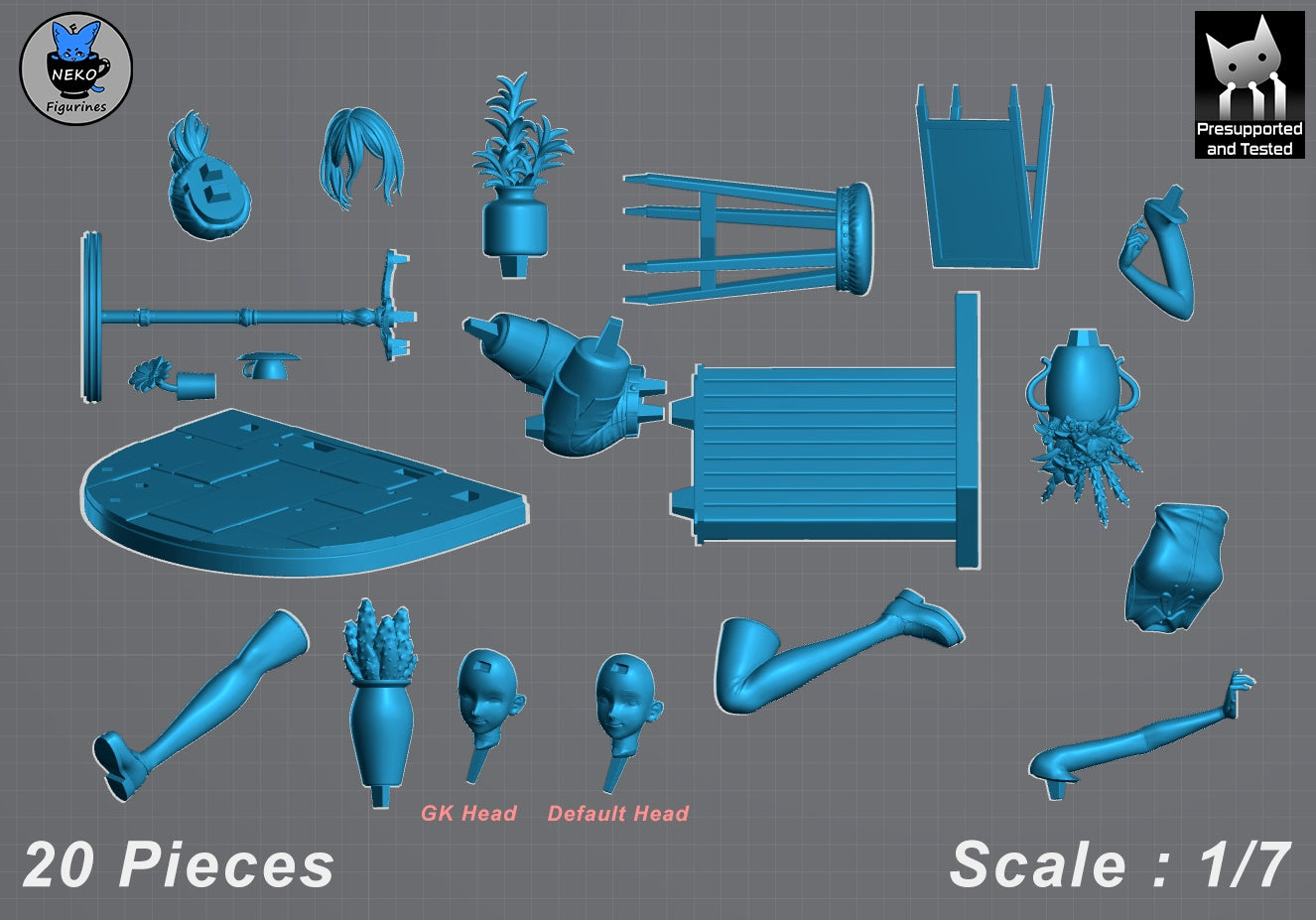 Disassembled 20-piece layout of Reze Chainsaw Man 1:7 collectible statue showing modular parts, two head options, and café accessories.