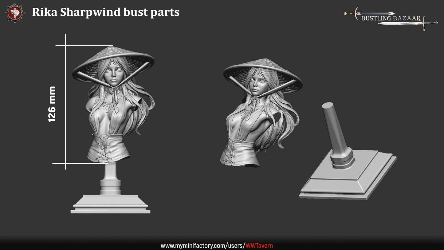 Rika Sharpwind weapons merchant bust parts with display stand and head sculpt
