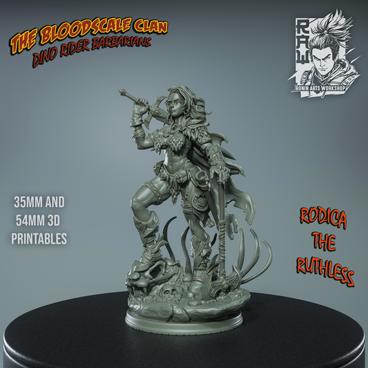 Unpainted standalone Rodica miniature posed confidently with her axe over her shoulder, standing atop a skull-covered rocky base.