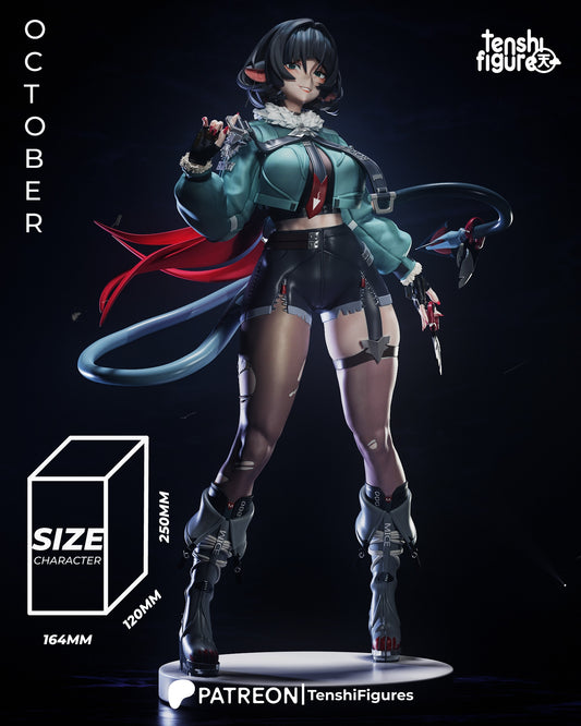 Full figure of Jane Doe posed with scissors in her left hand and whip behind her, showing outfit and dimensions.