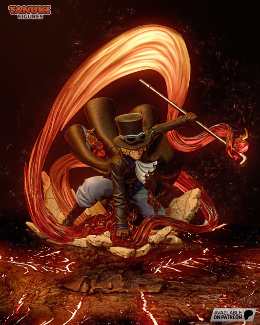 A dynamic pose of Sabo from One Piece in a battle stance, wielding his staff wrapped in flames, standing on a cracked lava base with swirling fire effects.