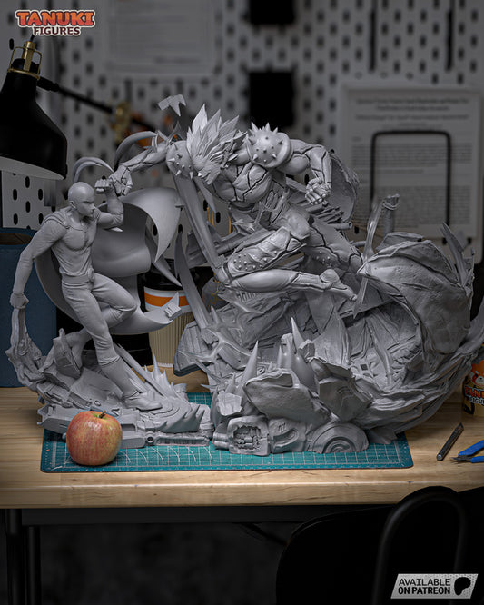 A massive 1/6 scale unpainted diorama set on a workbench, showing the final assembled form.
