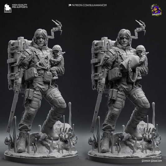 Front view Sam Bridges statue holding BB pod with alternate head option – Death Stranding 1:8 scale collectible