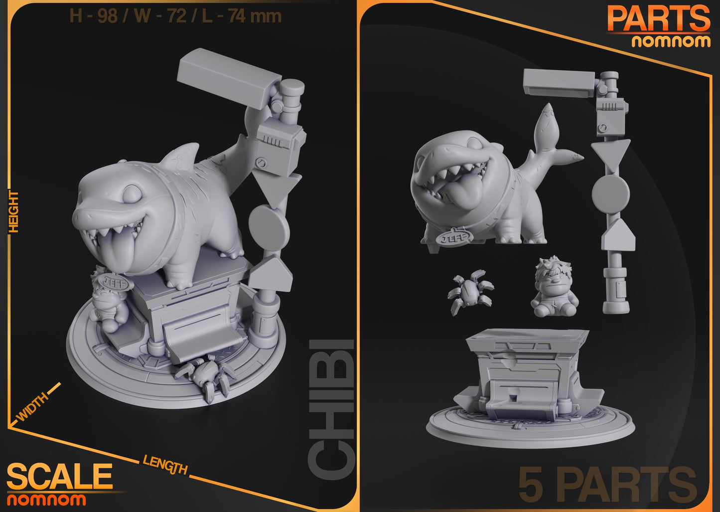 Unassembled parts of the chibi Jeff figurine, including Jeff, the platform, street sign, plush, and spider.
