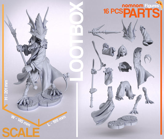 Grayscale view of Freya Crescent figure and 16 separated modular parts including arms, spear, head, base, and cloak