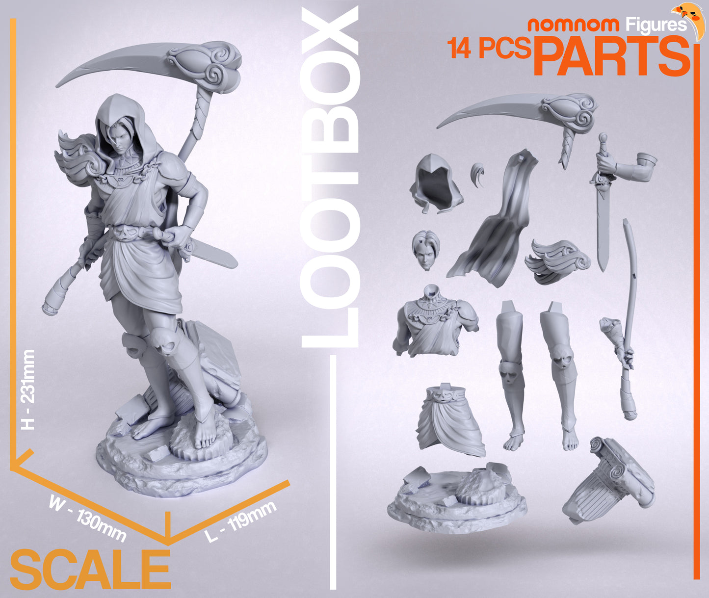 Disassembled components of Thanatos figurine, including the scythe, cloak, armor pieces, and detailed base elements.