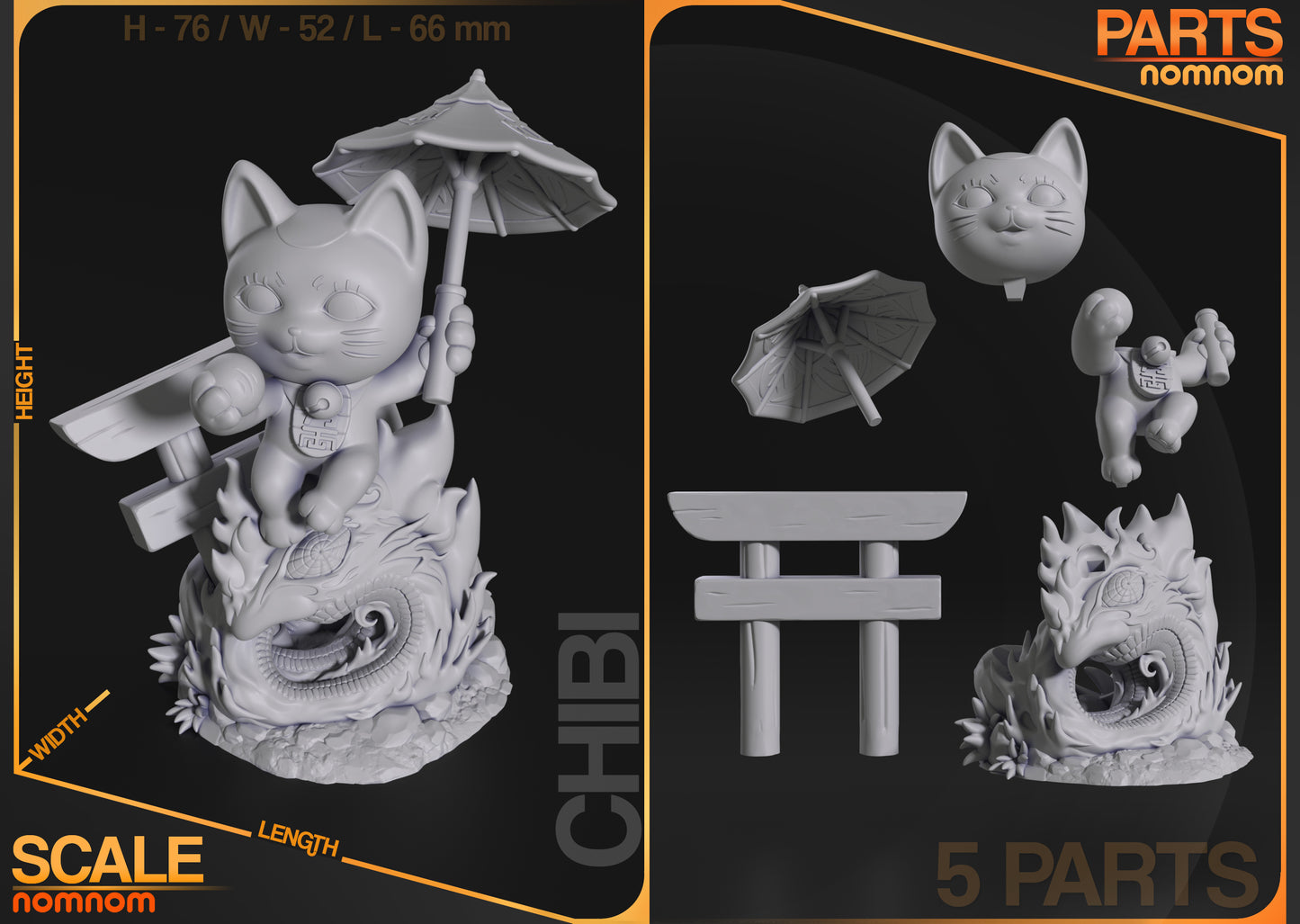 Scale and exploded view of the Chibi Turbo Granny Cat figure, showing its five detachable parts, including the cat, dragon base, umbrella, and torii gate.