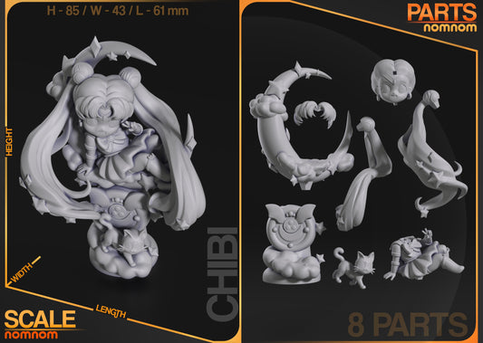 Chibi Sailor Moon collectible figure scale and parts layout showing eight pieces including crescent moon, hair pieces, base, Luna cat, and Sailor Moon figure with posted dimensions.