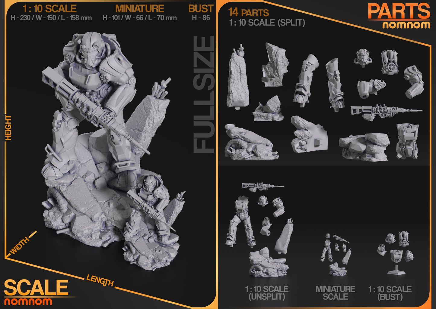 Size comparison image showing the 1:10 bust scale with parts layout, highlighting its compatibility with 75mm collector displays.