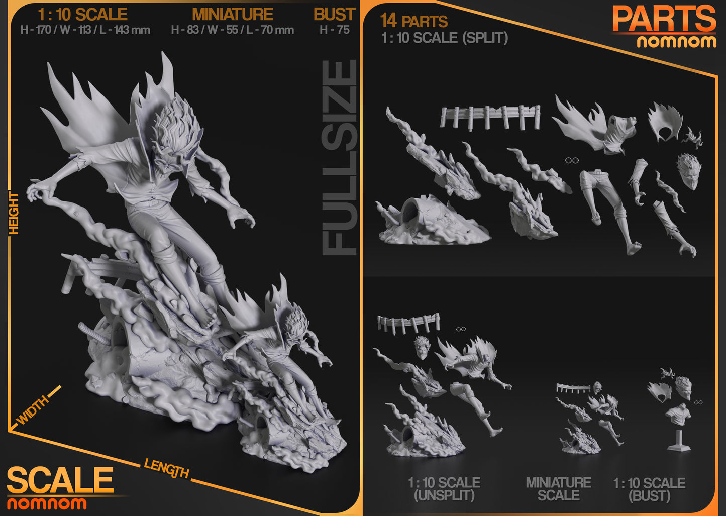 Exploded view showing 14 separate components of the Turbo Okarun 1:10 scale statue including limbs, smoke effects, base elements, and cape, with comparisons of full-size, miniature, and bust versions.