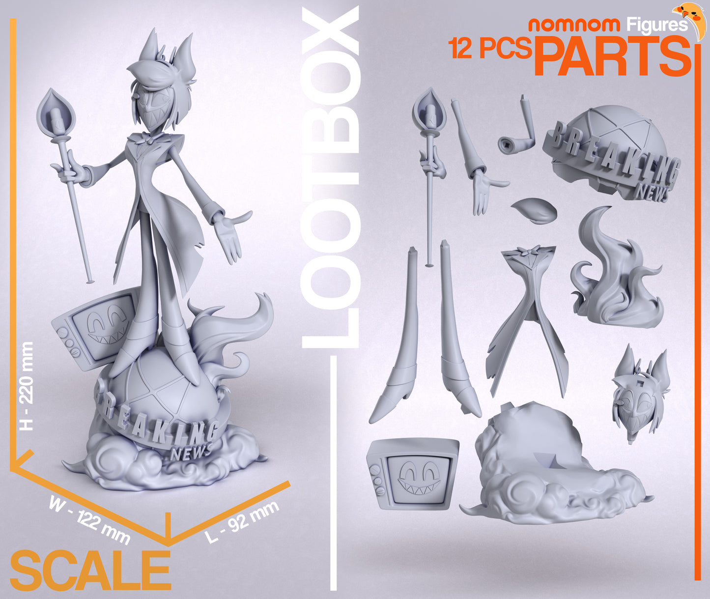 Unassembled parts layout of Alastor figure showing 12 pieces including staff, TV base, coat, and head.