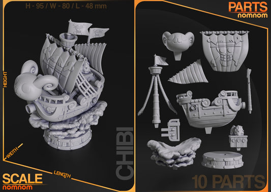 Breakdown of the Chibi Going Merry ship in 10 parts, showcasing individual components like sails, mast, and base.
A 3D rendering of the Chibi Going Merry ship, highlighting its dimensions (height: 95mm, width: 80mm, length: 48mm) and intricate design.
