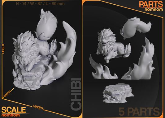 Assembly and scale guide of the Chibi Arcanine showing five separate parts and dimensions for height, width, and length.