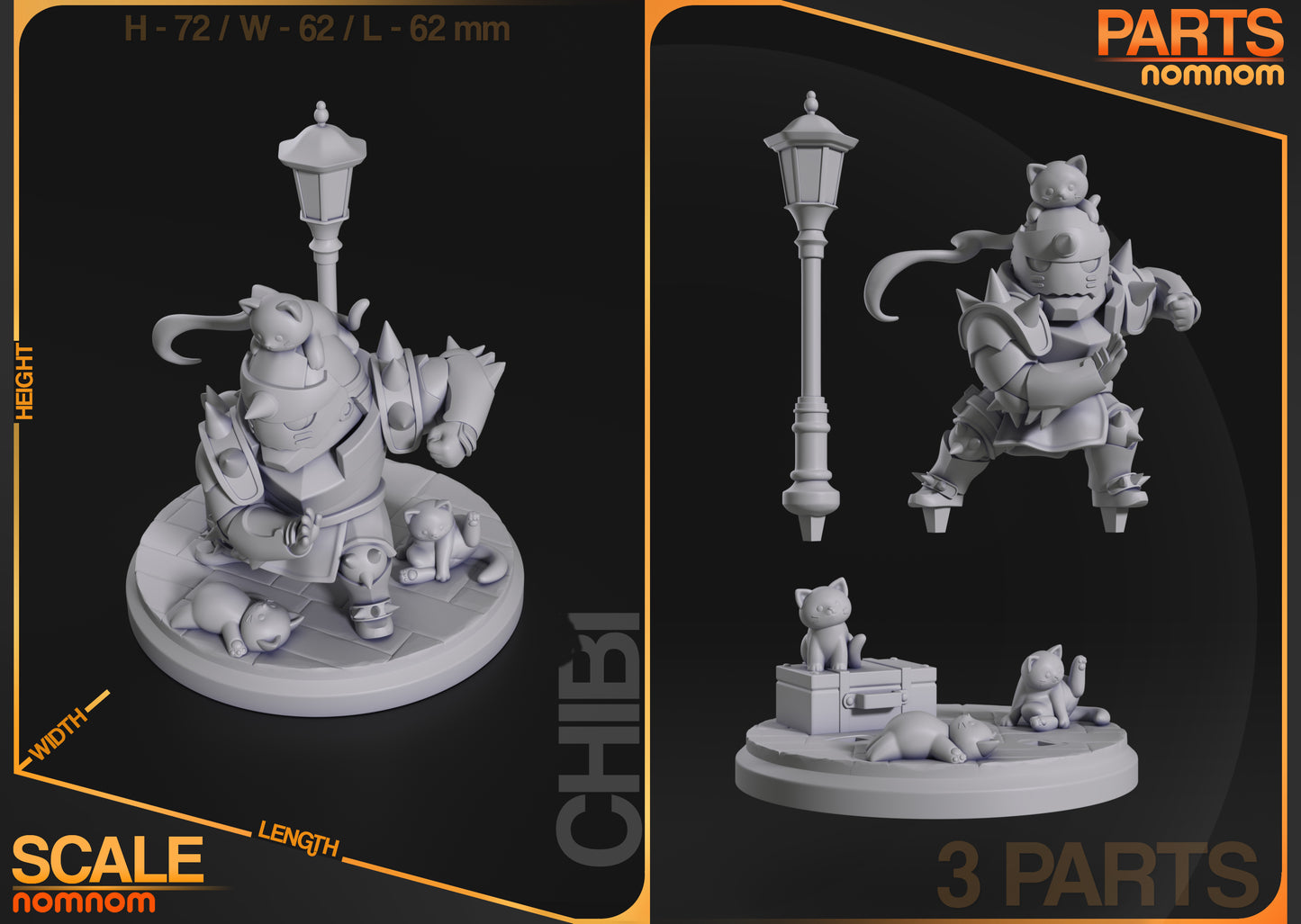 Exploded view of Chibi Alphonse Elric collectible figure parts, including armor, base, lamppost, and cats.