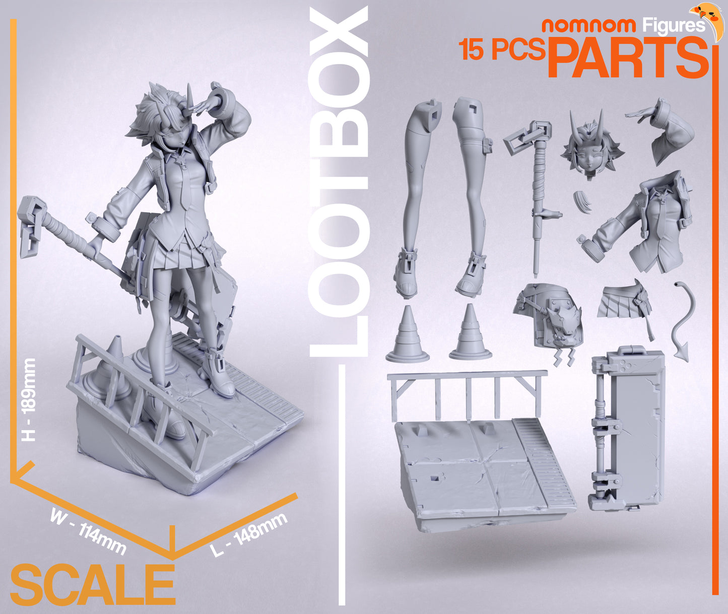 Disassembled components of Soukaku figurine, including the hammer, horns, outfit, and detailed urban-themed base.