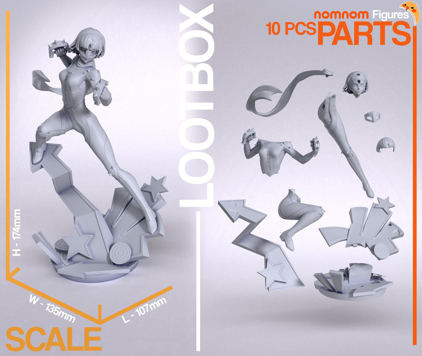 Makoto Niijima figurine with disassembled parts, showcasing the spiked knuckles, scarf, and dynamic base design in separate components.