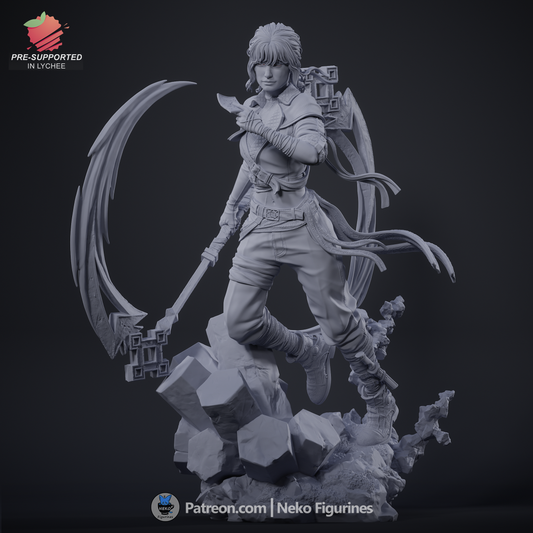 Sciel full gray render front – 1:7 scale Expedition 33 Sciel collectible model posed with dual scythe weapons and flowing garments on a rocky base.