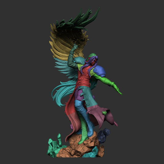 Digital sculpt render of Sephiroth collectible showing segmented components including wing, coat, and sword.