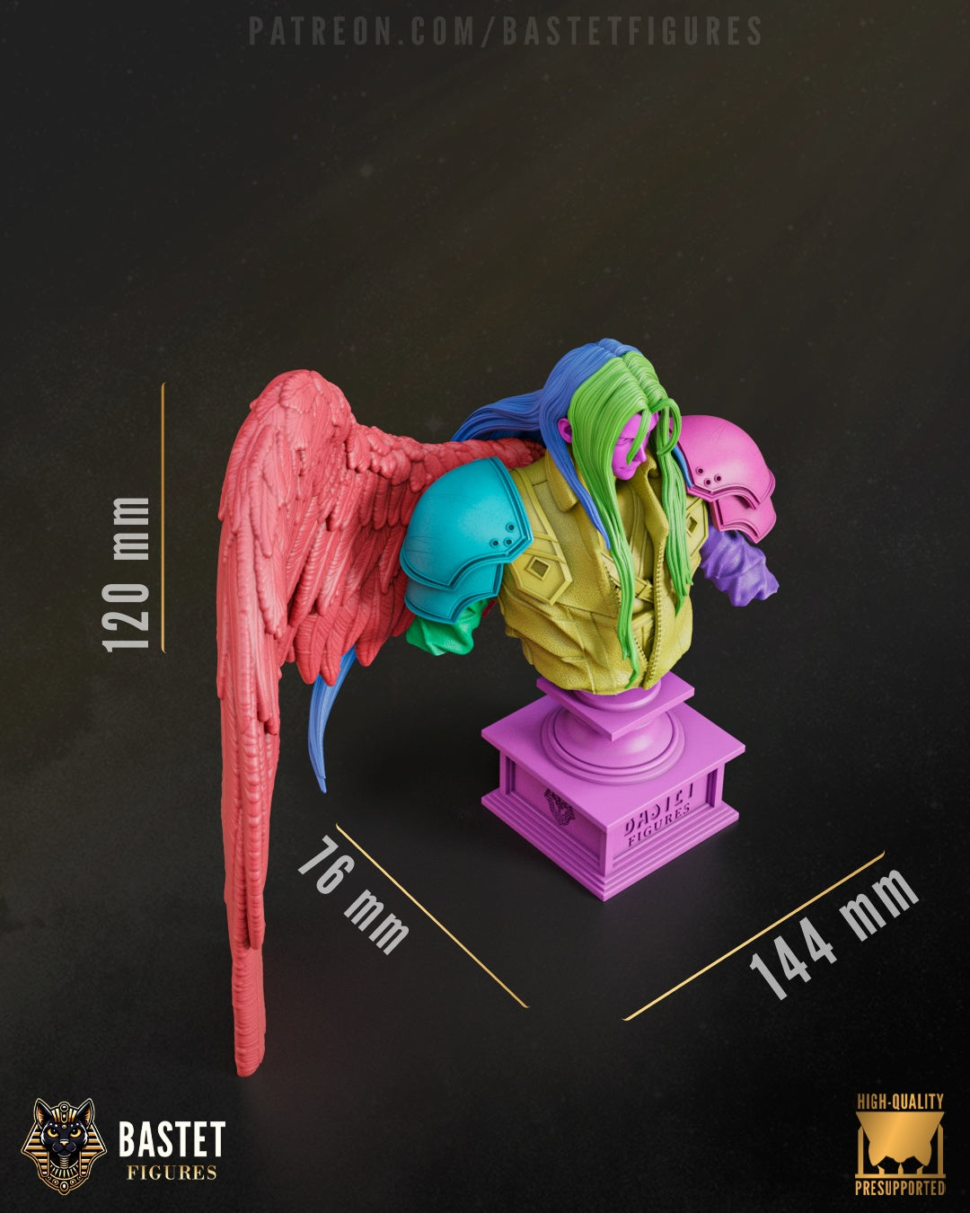 Sephiroth bust version showing detailed armor, long hair, and single wing, mounted on a display base – Final Fantasy VII collectible figure.