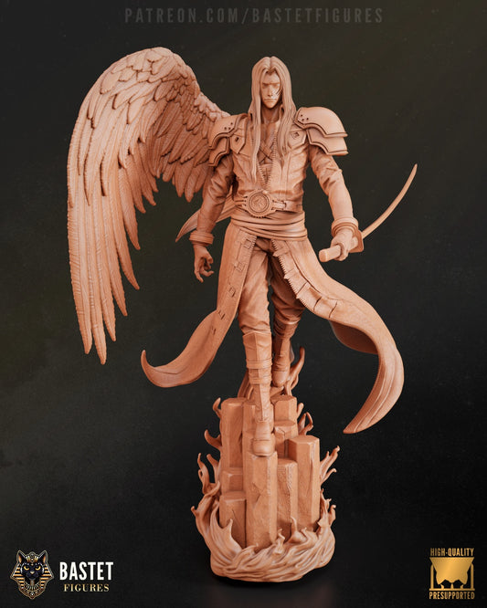 Full clay render of Sephiroth figure with katana drawn and wing extended, standing over rock and flame base – Final Fantasy VII collectible model.