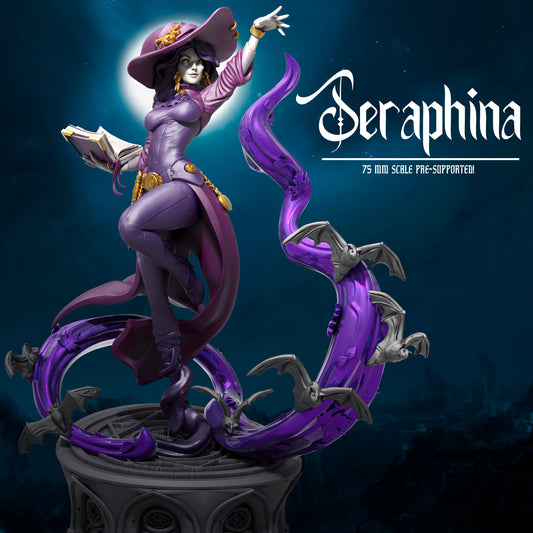 A striking witch figure in a dynamic pose, wearing a wide-brimmed hat and flowing garments. She stands on an arcane pedestal, surrounded by twisting magical tendrils with small bat-like creatures clinging to them.