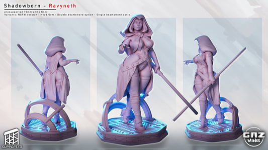 Shadowborn Ravyneth Sith sorceress miniature turnaround showing hooded cloak, lightsaber pose, dark side Star Wars inspired character