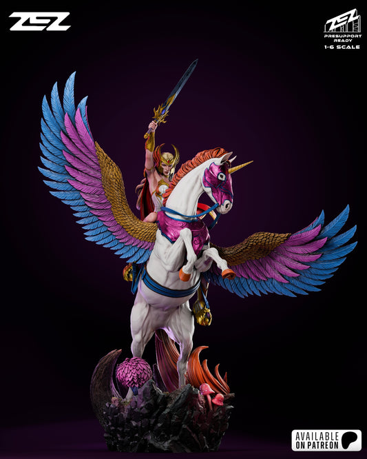 Front view of the She-Ra 1:6 scale collectible riding a winged unicorn, sword raised high, with multicolored wings and fantasy base.