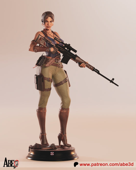 Sheva Alomar Resident Evil figure holding rifle, combat stance with thigh holster, belt gear, and boots on round base