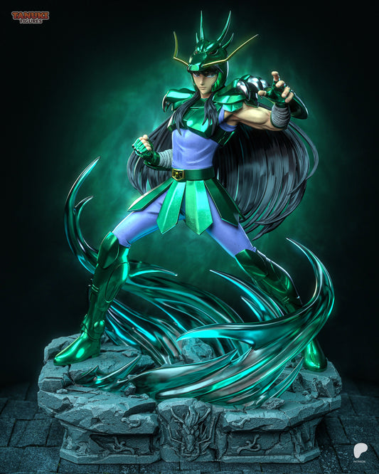Shiryu Saint Seiya statue closeup showing flowing hair and dynamic stance