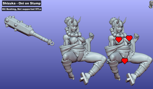 A grayscale render of Shizuka from multiple angles, highlighting the intricate sculpting of her attire, weapon, and the stump she sits on. The details in her armor, facial features, and accessories are emphasized.