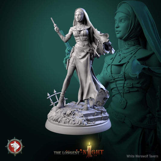 Sisters of the Hunt nun miniature V1 standing pose aiming pistol forward wearing flowing habit on round base