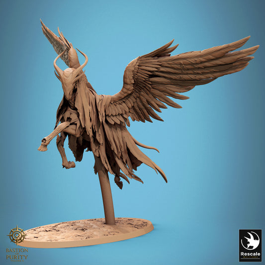 Armored knight riding an angelic winged beast with ornate horns and layered feathers