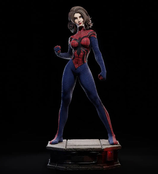 Spider-Girl stands ready for action, her fists clenched, wearing a webbed bodysuit with a bold spider emblem on her chest.
