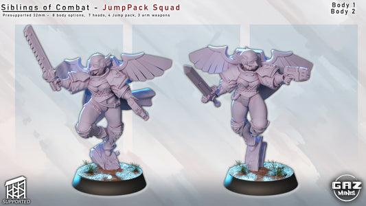 Front and back views of two female sci-fi warriors in flight poses with winged jump packs, one wielding a chainsword and pistol, the other with a sword and gun. Power armor detailed with iconography. Suitable for sci-fi TTRPGs like Warhammer 40k.