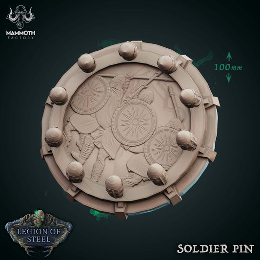 Soldier Pin – large circular marker with embossed soldiers and shields, decorated with helmet pins, 100mm size for mass combat in DnD, Pathfinder, and Wargames.
