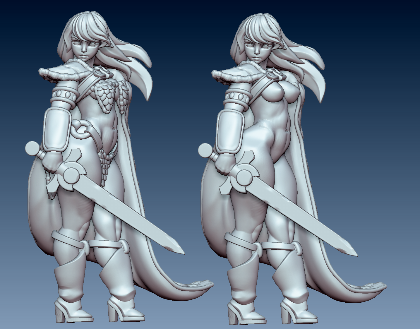 Sonya Grace human barbarian miniature SFW and NSFW 3D model render, holding sword with hair flowing – fantasy RPG miniature.