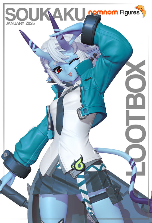 Close-up of Soukaku figurine showcasing her playful expression, detailed horns, and dynamic outfit design.