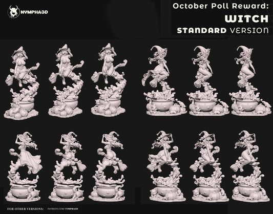 Standard sculpt turnarounds of witch collectible statue by Nympha3D highlighting three outfit options and detailed cauldron base.