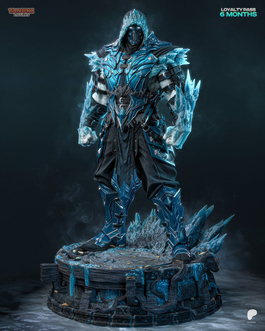 Sub-Zero full-body collectible figure in icy armor standing on frosted stone base, front view.