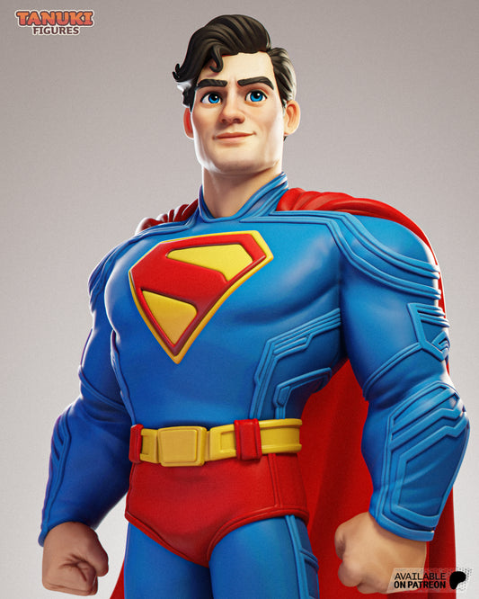 A detailed close-up of Cartoon Superman’s face, showcasing his strong jawline, confident expression, and signature red cape flowing behind him.