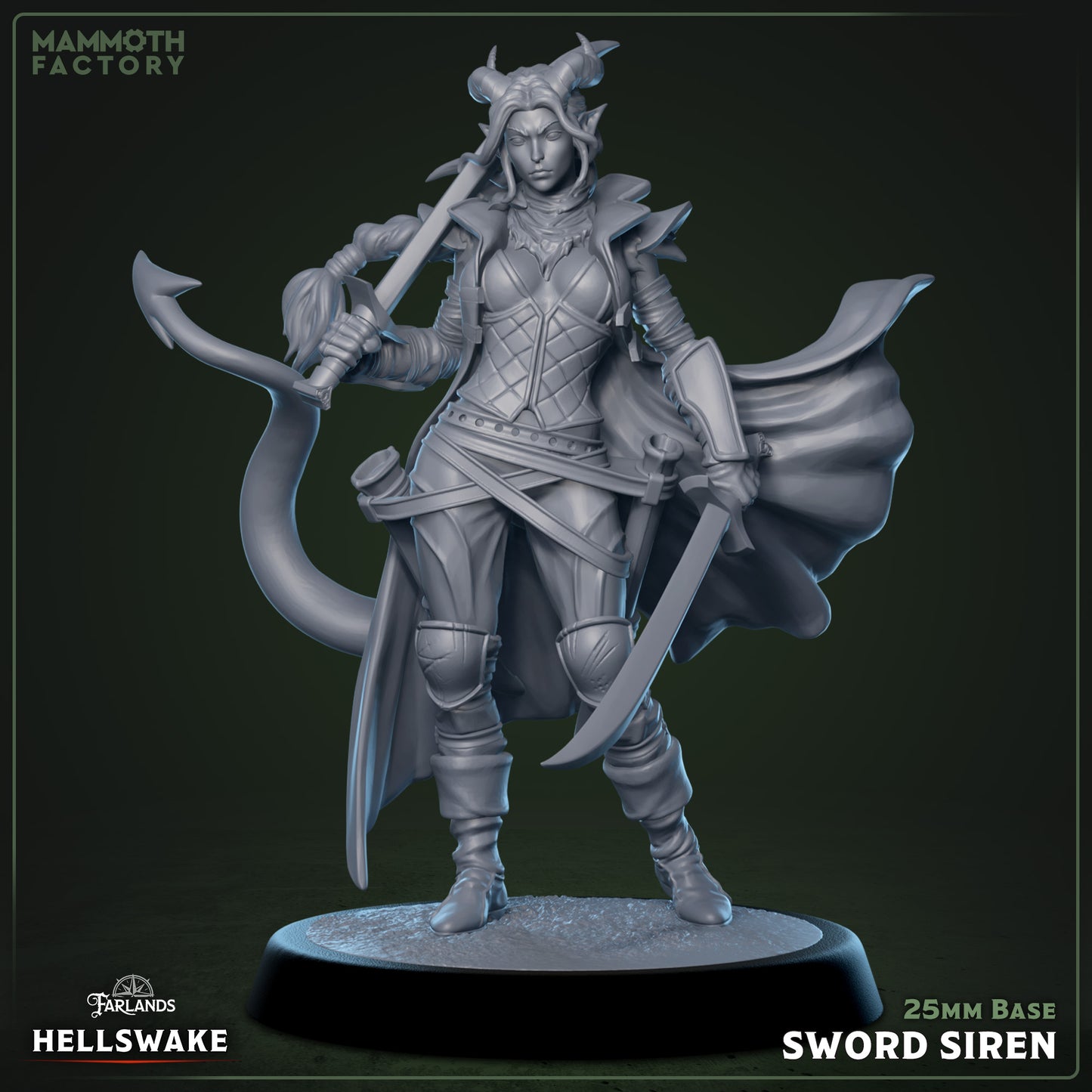 Hellswake Sword Siren miniature depicting a female Tiefling rogue in a confident stance holding twin curved swords, wearing layered armor and a flowing cloak with horns and tail visible, posed on a 25mm base.