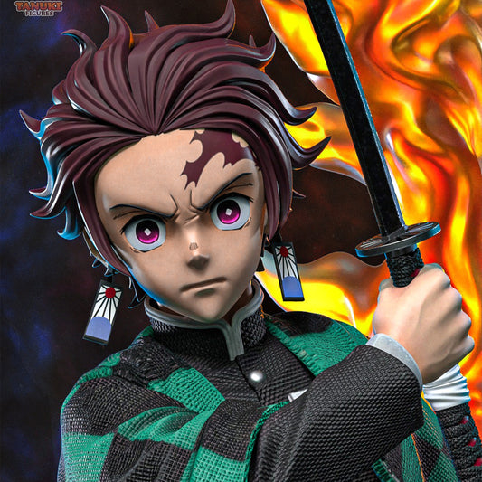 Full color Tanjiro figure standing on stone base, katana raised, surrounded by dynamic flame and water effects, wearing green checkered haori.