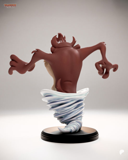 Tazmanian Devil figure back view showing swirling tornado lower body, outstretched arms, raised fur tufts, and round display base from Space Jam and Looney Tunes collectible statue.
