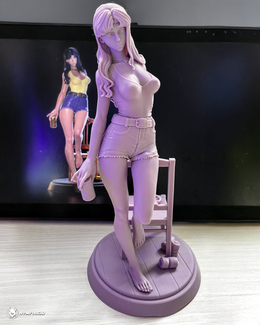 Test print of Misato Katsuragi statue in resin showing detailed pose with beer can and chair prop, Evangelion collectible.