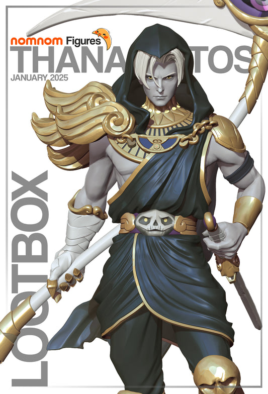 Close-up of Thanatos figurine highlighting his stoic expression, hooded cloak, and detailed gold-accented armor.